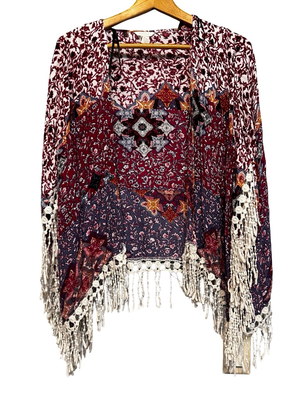 Forever 21 Boho Patchwork Fringe Kimono Crochet Tassel Cardigan Wrap SZ S/M